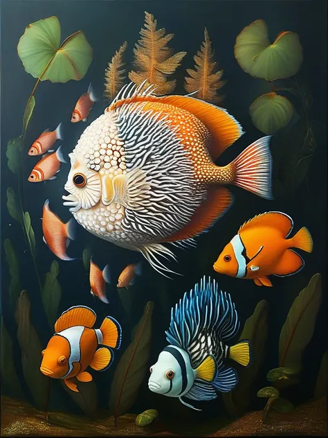 masterpiece,best quality,oil painting,illustration, Tropical fish, puffer fish, angel fish,emperor fish, clown fish, porcupine f...