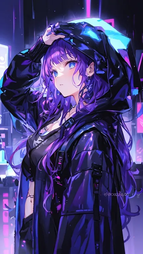((Highest quality)), (masterpiece)),in the rain、Anime girl with purple hair and black jacket, Cyberpunk Anime Girl in hoodie, di...
