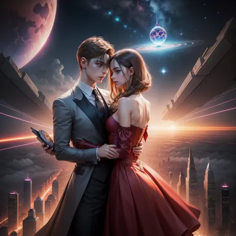 Create a Magic cover with three main characters, placement of the character guy magician in the center, on each side there is on...