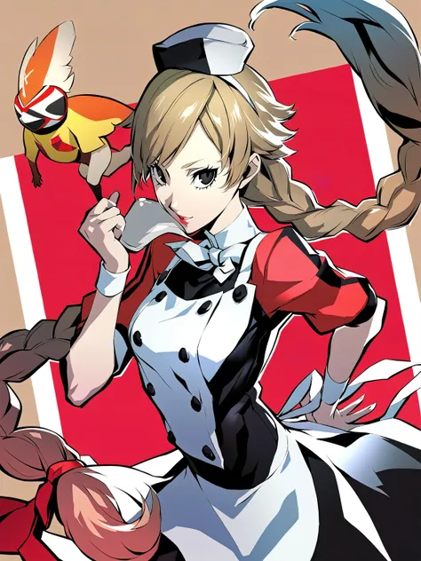 beautiful girl, long braids, light brown hair, black eyes, teen, Persona5 character, Taiga Asaki chef-d&#39;œuvre, meilleure qua...
