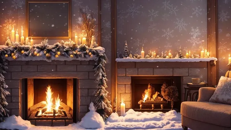 arafed view of a snowy night with a lit candle and a fireplace, warm beautiful scene, cozy wallpaper, cozy candlelight, cozy hom...
