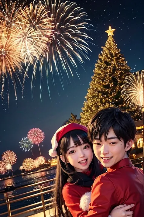 Christmas Night、The fireworks explode brilliantly、Beautiful light and colors abound。The scenery depicted in manga style、Christma...