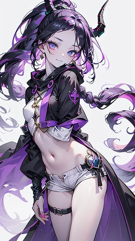 cheerful boy with open forehead. dark purple hair braided in a ponytail on the left side to one side. sinuous black horns wrappe...