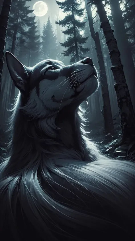 ((masterpiece)),((Highest quality)),((Lots of details)),((Realistic feel)), ((look up:1.6)), Pitch Black, night, Deep in the for...