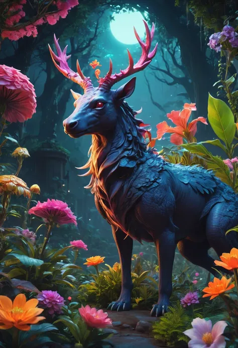 Whimsical midnight landscape with magical creatures, flowers and plants.,  Magic the meeting, Fancy, d&d, matte paint, conceptua...