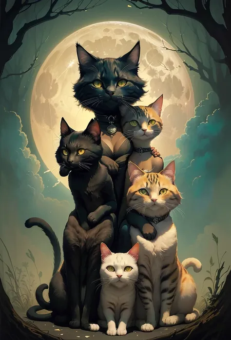 there are four cats sitting together in front of a full moon, ghibli tom bagshaw, by Ivan Generalić, warrior cats fan art, meeti...