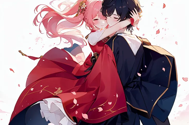 The girl stands under the peach tree. The boy hugs the girl from behind. The atmosphere of ancient costume. The falling petals. ...