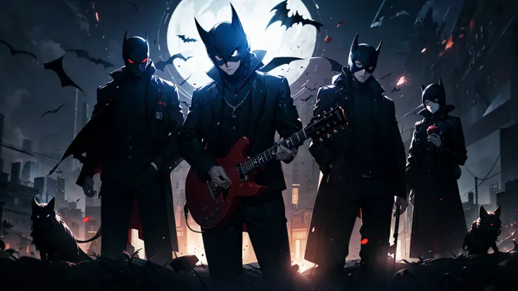 Batman and friends playing guitar in a dark city, Amazing anime 8k, Great composition, Persona 5 Art Style wlop, Background artw...