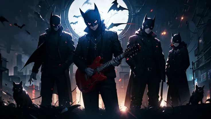 Batman and friends playing guitar in a dark city, Amazing anime 8k, Great composition, Persona 5 Art Style wlop, Background artw...