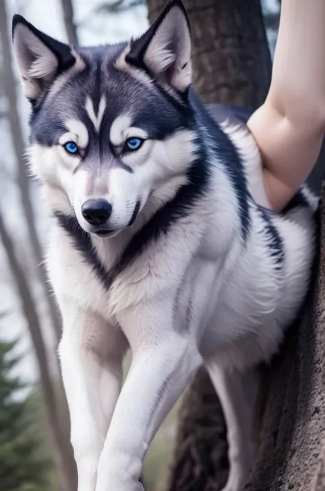 Can you create a tattoo decal?? the idea I have in mind is, a kind of wolf/Siberian husky, with blue eyes, with trees in the bac...