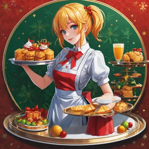 (a sticker,),(3D anime waitress with a tray girl),bright colored hair,Slim, ellegance, There is also a touch of mystery.(In circ...