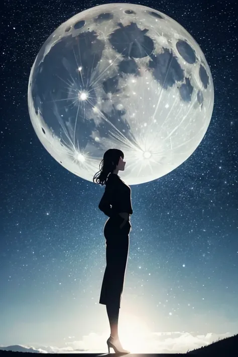 Highest quality,Big moon and shadow,A silhouette of a person can be seen against the backdrop of a large moon.,There is one full...