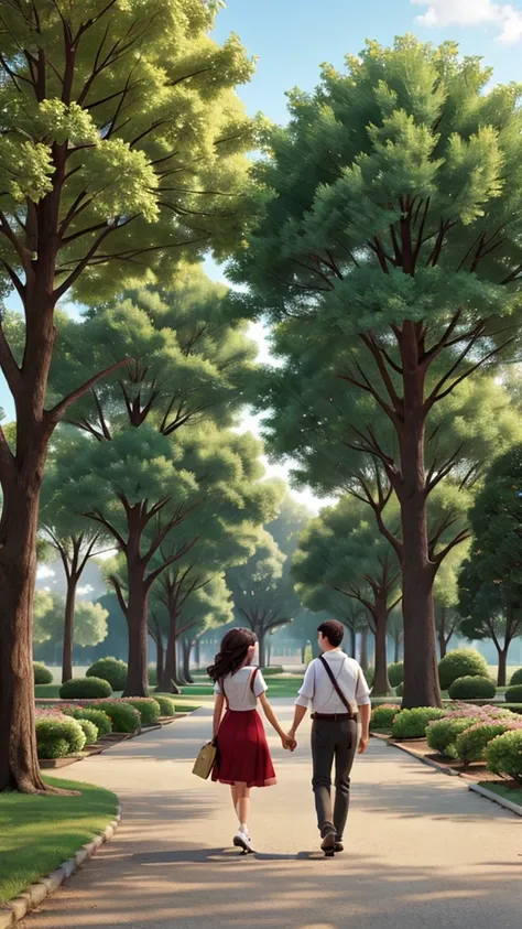 A couple walking in a beautiful park. 