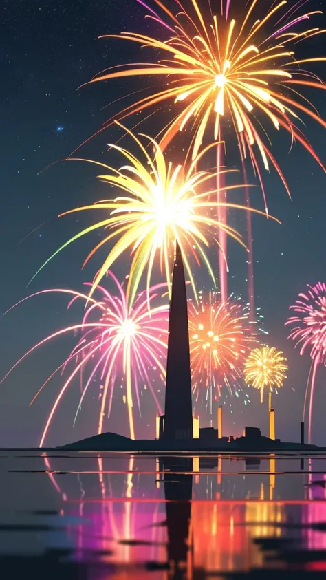 Create an image of a vibrant fireworks display against a night sky, with multiple bursts of different colors such as blue, pink,...