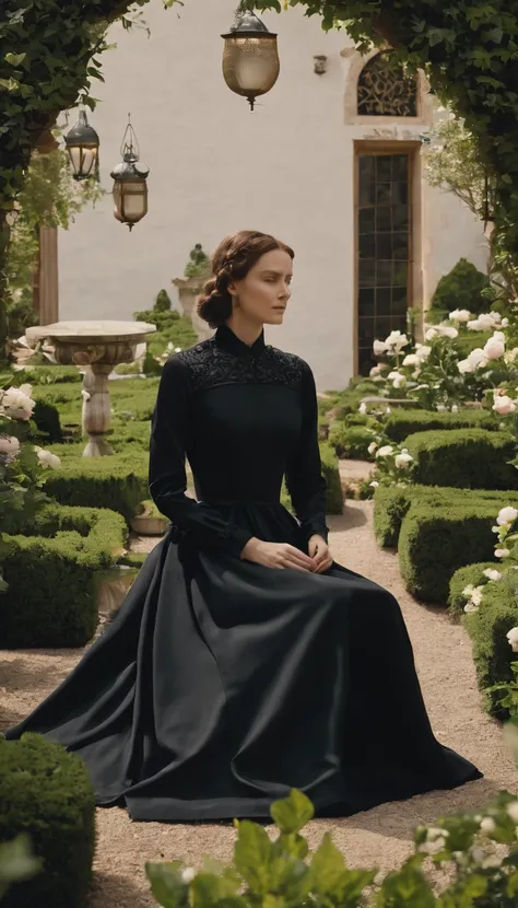 a woman in a black dress sitting in a garden