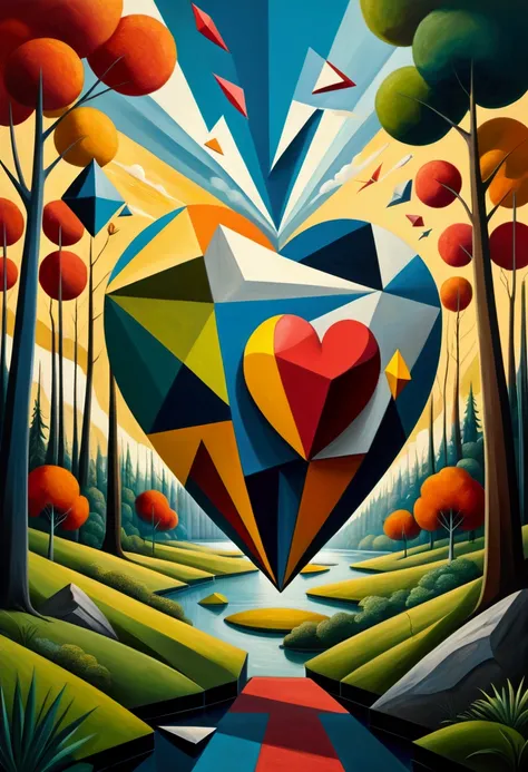 "Visualize a cubist interpretation of a heart , floating through the sky above a living and dynamic forest. Break down the shape...