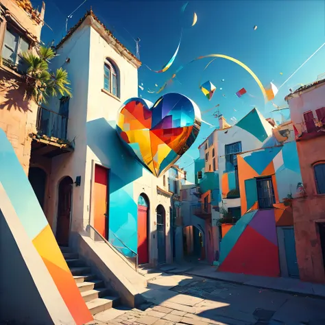 "Visualize a cubist interpretation of a heart, floating through the sky above a lively and dynamic street. Break down the shape ...
