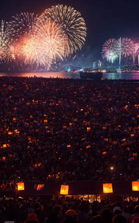 crowd, dark-night, deep fog, orange lanthanum light, Fireworks Festival Venue, Fireworks in the background, cinematic lighting