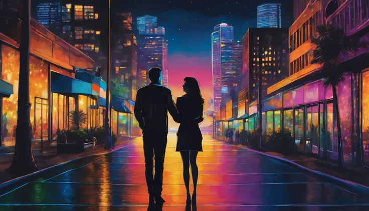 a man and a woman standing facing away, love, affair, cityskape at night, view on LA at night, ultra detailed, ultra realistic,c...