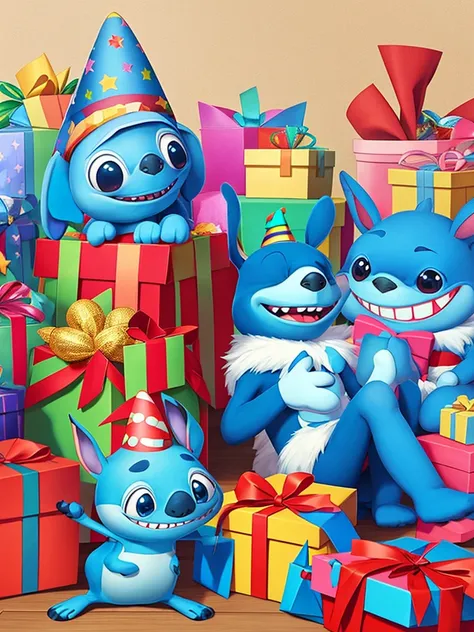 Stitch 3d, sitting down, Grinning, with birthday hat, next to gifts, Background transparent, pixar