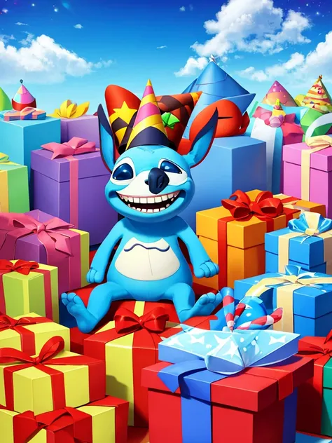 Stitch 3d, sitting down, Grinning, with birthday hat, next to gifts, Background transparent, pixar