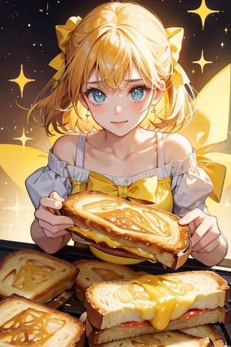 she is a grilled cheese sandwich with a yellow bow.  SPARKLE; GLITTER