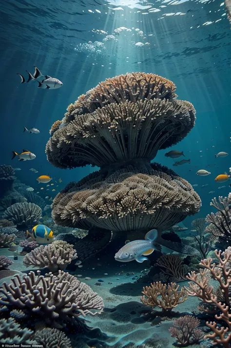 An underwater illustration showing diverse marine life such as tropical fish, coral reefs, jellyfish, and sea turtles with vivid...