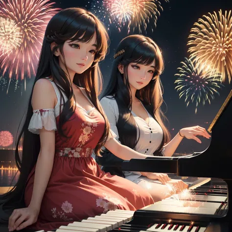 A woman in her 30s with long hair and parted bangs playing the piano with a fireworks display in the background, anime