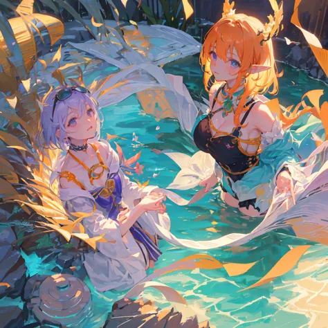 Sunglasses on forehead, Have a swim ring, Beach, Bitch, Elf Ears, Highest quality,Best image quality,Perfect Anatomy,masterpiece...