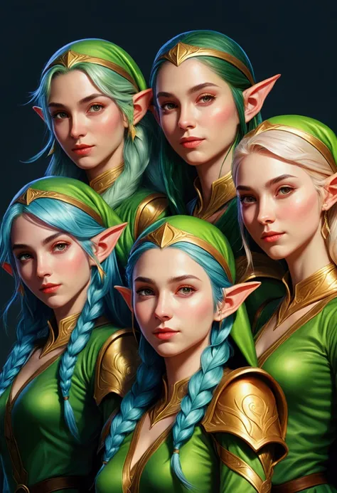 (((masterpiece))), Highest quality, Depicting a group of beautiful female elves、Highly detailed gouache style painting portrait,...