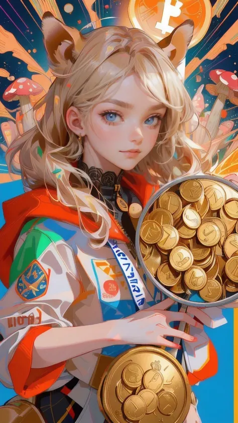 a close up of a  girl holding a sign with coins in the background, 🚀🚀🚀, 🔞🤡, 000 — википедия, 🚀🌈🤩, cryptocurrency, doge meme, sak...