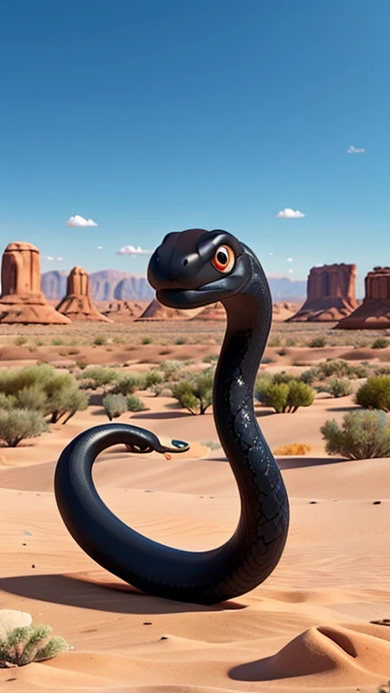 There is a black snake who is alone in the desert.