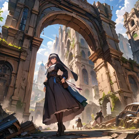 Nun fighting traveler, ruins, detailed background, detailed depiction, 4K, UHD, absurd, ultra high quality, masterpiece,