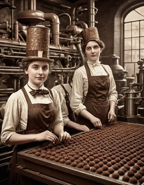 A highly detailed Victorian-style portrait of a chocolate factory, tom sepia, early 1900s style, photorrealistic, high resolutio...
