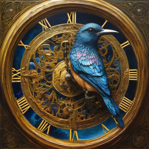 Intricately detailed oil paintings including mechanical bird illustrations, Try to keep the pain to yourself, dignity, Live, Beh...