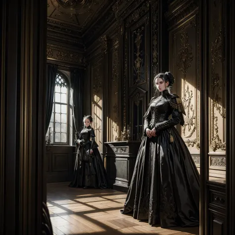 
a woman in a dark imperial military uniform inspects the interior of a gothic house populated by grotesque and surreal figures ...