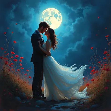 Moonlit Confession, lovers, by Leonid Afremov, cinematic still, dynamic movement, surreal, (best quality, masterpiece, photoreal...