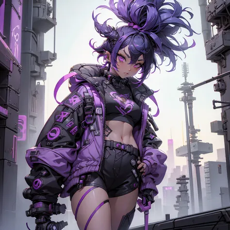 Cyberpunkgirl, blackandpurplehighlight shorthair,cyberpunkcity,nightcity,background,1girl,blackand purplejacket,higresolution,ma...