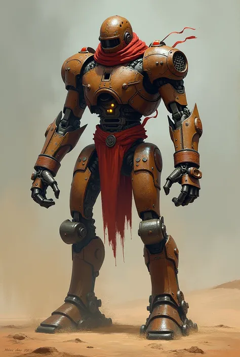 An old rusty robot Golem fighter made of copper and with long limbs, an electrical core and a helmet, in a fighting pose with a ...