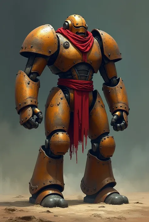 An old rusty robot Golem fighter made of copper and with long limbs, an electrical core and a helmet, in a fighting pose about t...