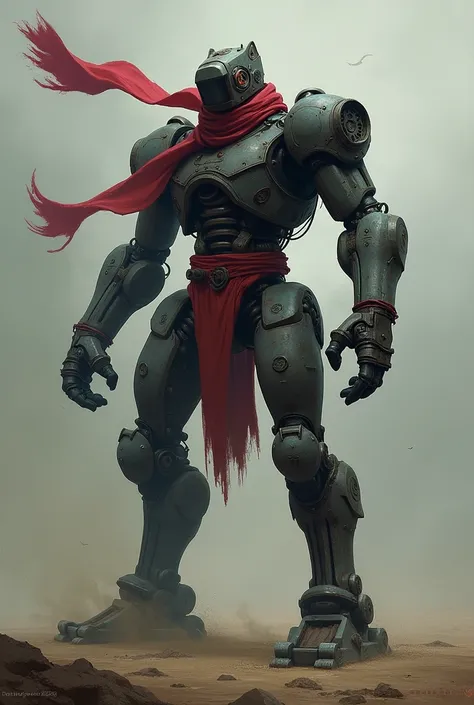 An old rusty robot Golem fighter made of dark metal and with long limbs, an electrical core and a helmet, in a martial arts figh...