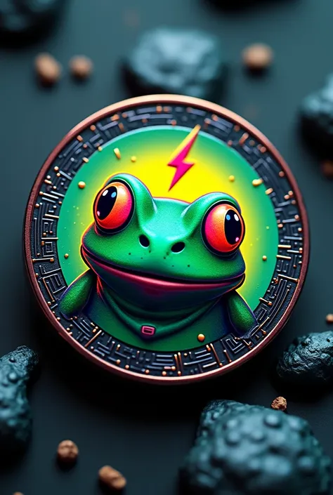 Imagine a coin with a quirky, playful design combining elements of Pepe the Frog and Turbo Coin. The coins face features a styli...