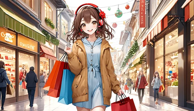 A 20-year-old girl with brown hair and headphones、Scene walking through a shopping district。
background：Bustling shopping distri...