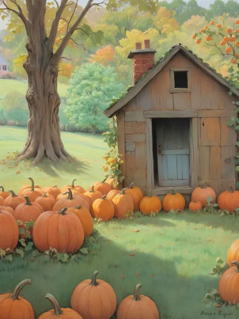 painting of a small house surrounded by pumpkins and a tree, pumpkin farm background, pastel art, pumpkin patch, halloween scene...