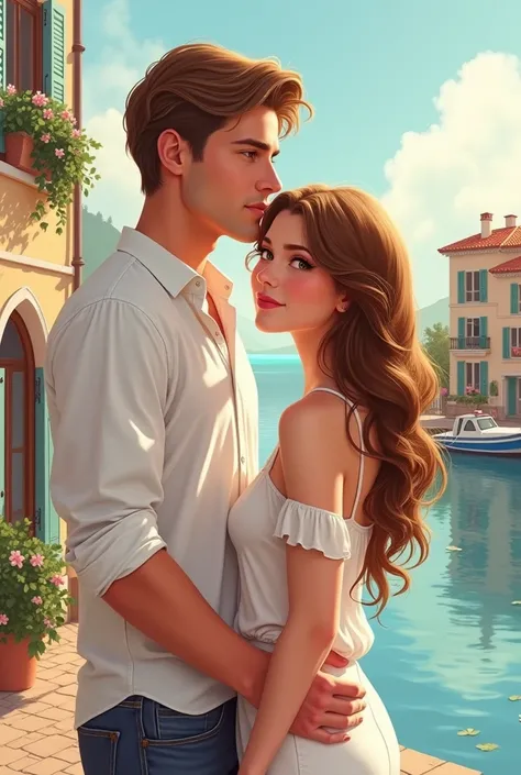 Book cover with a young couple in Marcella France at the port dressed in white The boy is tall with thick honey brown hair, pale...