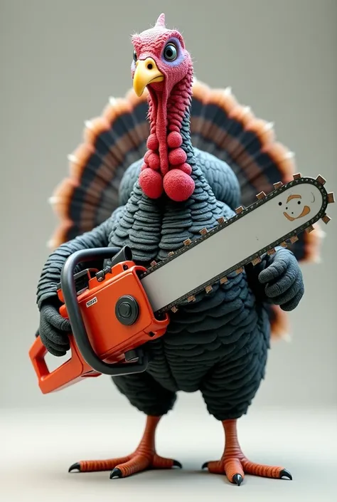 A turkey holding a chainsaw 