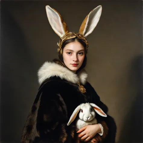 The portrait of a young woman dressed in furs and a bird mask and rabbit ears, with an oil technique, very similar to the Veneti...