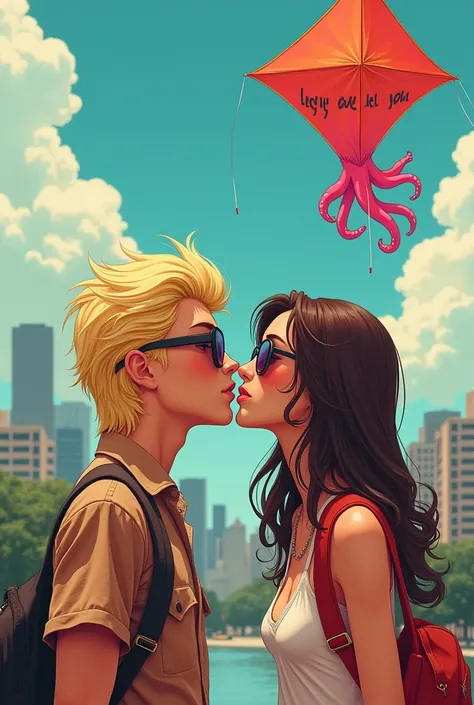 A blonde boy wearing sunglasses with an 80s mullet style haircut  and a brunette wearing sunglasses girl flying a kite that look...