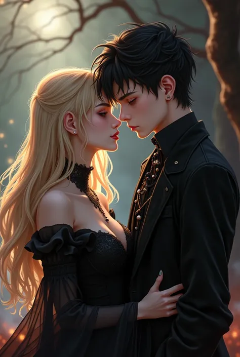 a couple, composed of a vampire, whose blonde hair falls softly down her back, He is facing away from his partner, dressed in a ...