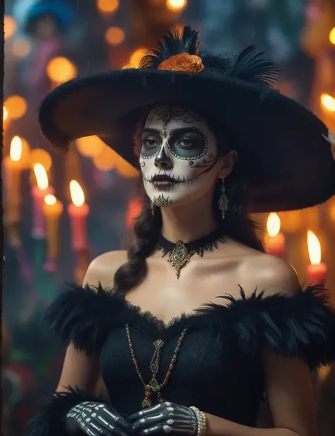 Hiperrealistic cinematic poster of GAL GADOT wearing a gothic vintage dress and a vintage hat adorned with LONG ostrich feathers...